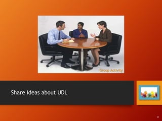 Group Activity
SE
Share Ideas about UDL
 