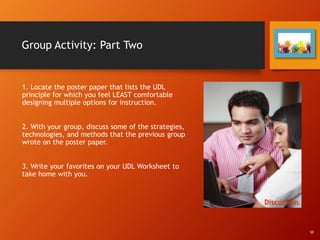 Group Activity: Part Two
1. Locate the poster paper that lists the UDL
principle for which you feel LEAST comfortable
designing multiple options for instruction.
2. With your group, discuss some of the strategies,
technologies, and methods that the previous group
wrote on the poster paper.
3. Write your favorites on your UDL Worksheet to
take home with you.
Discussion
SE
 