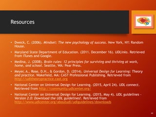 Resources
• Dweck, C. (2006). Mindset: The new psychology of success. New York, NY: Random
House.
• Maryland State Department of Education. (2011. December 16). UDLinks. Retrieved
from iTunes and Google.
• Medina, J. (2008). Brain rules: 12 principles for surviving and thriving at work,
home, and school. Seattle, WA: Pear Press.
• Meyer, A., Rose, D.H., & Gordon, D. (2014). Universal Design for Learning: Theory
and practice. Wakefield, MA: CAST Professional Publishing. Retrieved from
http://udltheorypractice.cast.org
• National Center on Universal Design for Learning. (2015, April 24). UDL connect.
Retrieved from http://community.udlcenter.org/
• National Center on Universal Design for Learning. (2015, May 4). UDL guidelines –
Version 2.0: Download the UDL guidelines!. Retrieved from
http://www.udlcenter.org/aboutudl/udlguidelines/downloads
All
 