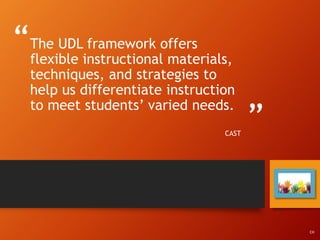 “
”
The UDL framework offers
flexible instructional materials,
techniques, and strategies to
help us differentiate instruction
to meet students’ varied needs.
CAST
CH
 