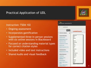 Practical Application of UDL
Instruction: TSEM 102
• Ongoing assessment
• Incorporates gamification
• Supplemented three in-person sessions
with six online sessions in Blackboard
• Focused on understanding material types
for correct citation styles
• Included video and text instructions
• Shared Audio and visual feedback
SG
 