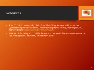 Resources
• Rose, T. (2012, January 18). Todd Rose: Variability Matters. Address at the
Cyberlearning Research Summit, National Geographic Society, Washington, DC.
Retrieved from https://youtu.be/8WClnVjCEVM
• Wolf, M., & Stoodley, C.J. (2007). Proust and the squid: The story and science of
the reading brain. New York, NY: Harper Collins.
All
 