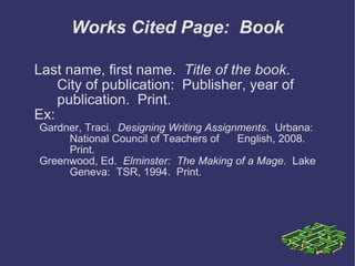 Works Cited Page:  Book Last name, first name.  Title of the book .  City of publication:  Publisher, year of  publication.  Print. Ex: Gardner, Traci.  Designing Writing Assignments .  Urbana:  National Council of Teachers of  English, 2008.  Print. Greenwood, Ed.  Elminster:  The Making of a Mage.   Lake Geneva:  TSR, 1994.  Print. 