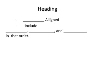 Heading
     -    __________ Alligned
     -     Include
__________, ____________, and ___________
in that order.
 