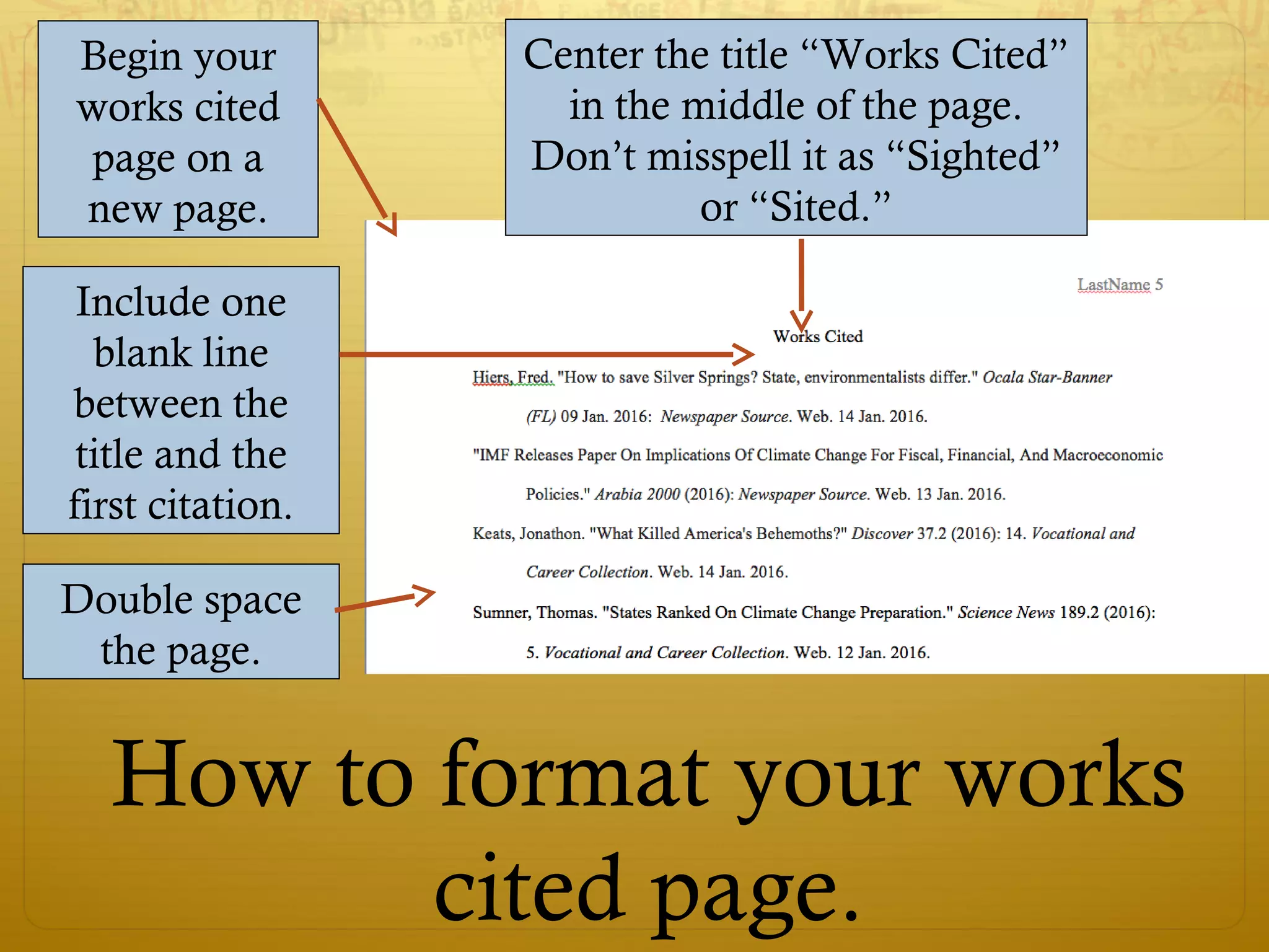 Begin your
works cited
page on a
new page.
Center the title “Works Cited”
in the middle of the page.
Don’t misspell it as “Sighted”
or “Sited.”
Include one
blank line
between the
title and the
first citation.
Double space
the page.
How to format your works
cited page.
 