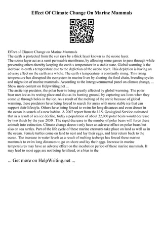 Effect Of Climate Change On Marine Mammals
Effect of Climate Change on Marine Mammals
The earth is protected from the sun rays by a thick layer known as the ozone layer.
The ozone layer act as a semi permeable membrane, by allowing some gasses to pass through while
preventing others thereby keeping the earth s temperature in a stable state. Global warming is the
increase in earth s temperature due to the depletion of the ozone layer. This depletion is having an
adverse effect on the earth as a whole. The earth s temperature is constantly rising. This rising
temperature has disrupted the ecosystem in marine lives by altering the food chain, breeding cycles
and migration of marine mammals. According to the intergovernmental panel on climatechange, ...
Show more content on Helpwriting.net ...
The arctic top predator, the polar bear is being greatly affected by global warming. The polar
bear uses ice as its resting place and also as its hunting ground, by capturing sea lions when they
come up through holes in the ice. As a result of the melting of the arctic because of global
warming, these predators have being forced to search for areas with more stable ice that can
support their lifestyle. Others have being forced to swim for long distances and even drown in
the ocean in search of a new habitat. A 2007 report from the U.S. Geological Service estimated
that as a result of sea ice decline, today s population of about 22,000 polar bears would decrease
by two thirds by the year 2050 . The rapid decrease in the number of polar bears will force these
animals into extinction. Climate change doesn t only have an adverse effect on polar bears but
also on sea turtles. Part of the life cycle of these marine creatures take place on land as well as in
the ocean. Female turtles come on land to nest and lay their eggs, and later return back to the
ocean. The increase in water levels as a result of melting icebergs has forced these marine
mammals to swim long distances to go on shore and lay their eggs. Increase in marine
temperatures may have an adverse effect on the incubation period of these marine mammals. It
may lead to most eggs are not being fertilized, or a bias in the
... Get more on HelpWriting.net ...
 