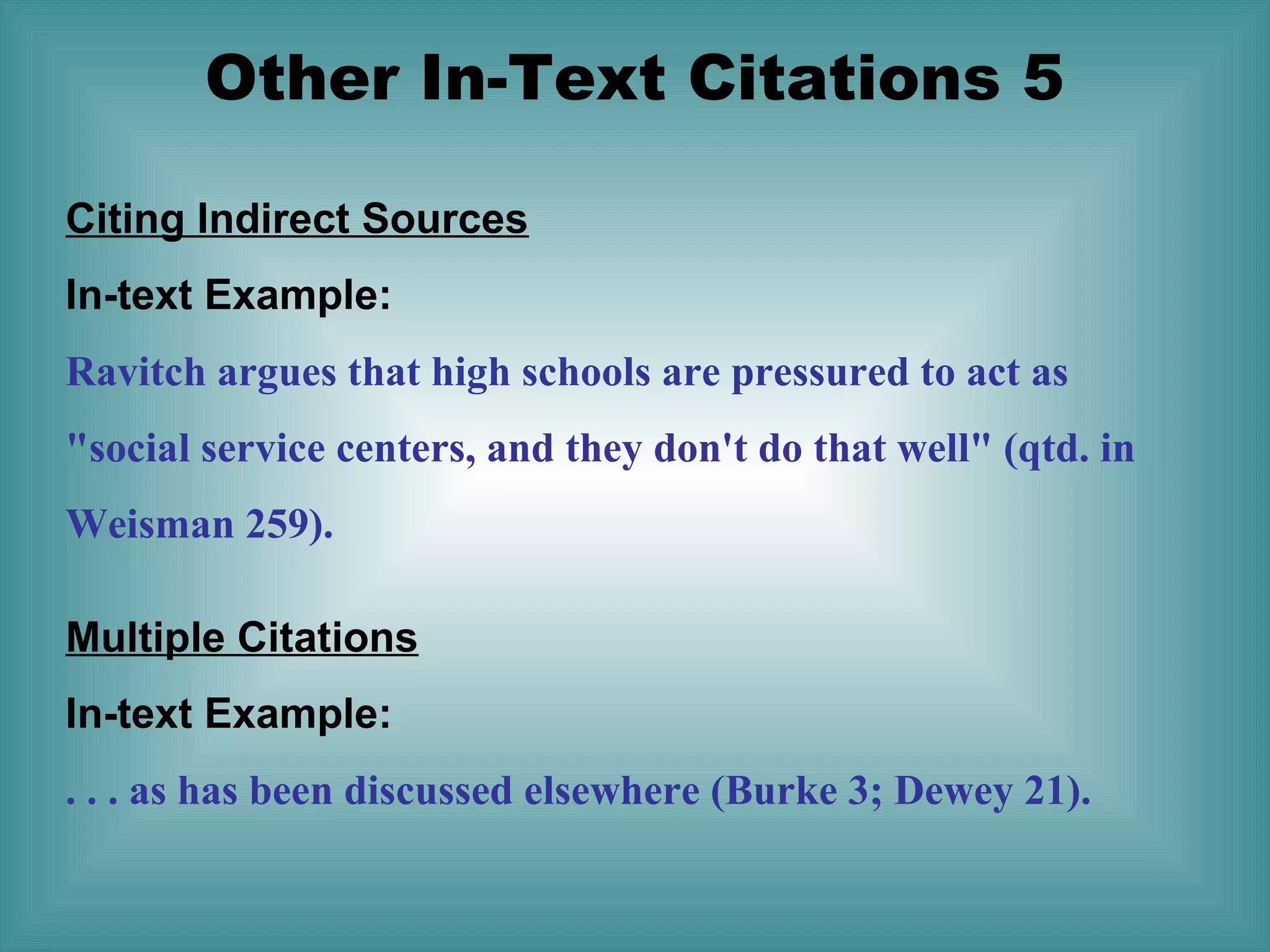 Other In-Text Citations 5
Citing Indirect Sources
In-text Example:
Ravitch argues that high schools are pressured to act as
"social service centers, and they don't do that well" (qtd. in
Weisman 259).
Multiple Citations
In-text Example:
. . . as has been discussed elsewhere (Burke 3; Dewey 21).

 