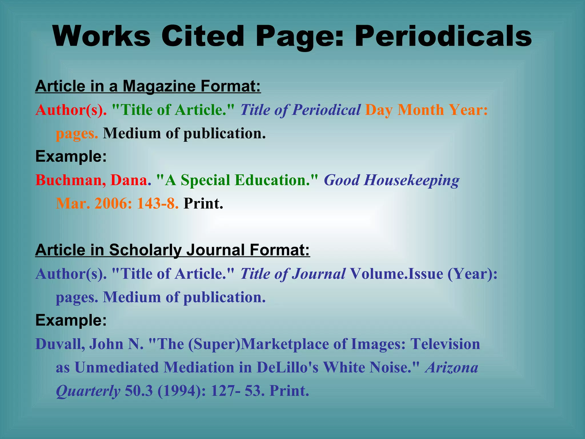 Works Cited Page: Periodicals
Article in a Magazine Format:
Author(s). "Title of Article." Title of Periodical Day Month Year:
pages. Medium of publication.
Example:
Buchman, Dana. "A Special Education." Good Housekeeping
Mar. 2006: 143-8. Print.
Article in Scholarly Journal Format:
Author(s). "Title of Article." Title of Journal Volume.Issue (Year):
pages. Medium of publication.
Example:
Duvall, John N. "The (Super)Marketplace of Images: Television
as Unmediated Mediation in DeLillo's White Noise." Arizona
Quarterly 50.3 (1994): 127- 53. Print.

 