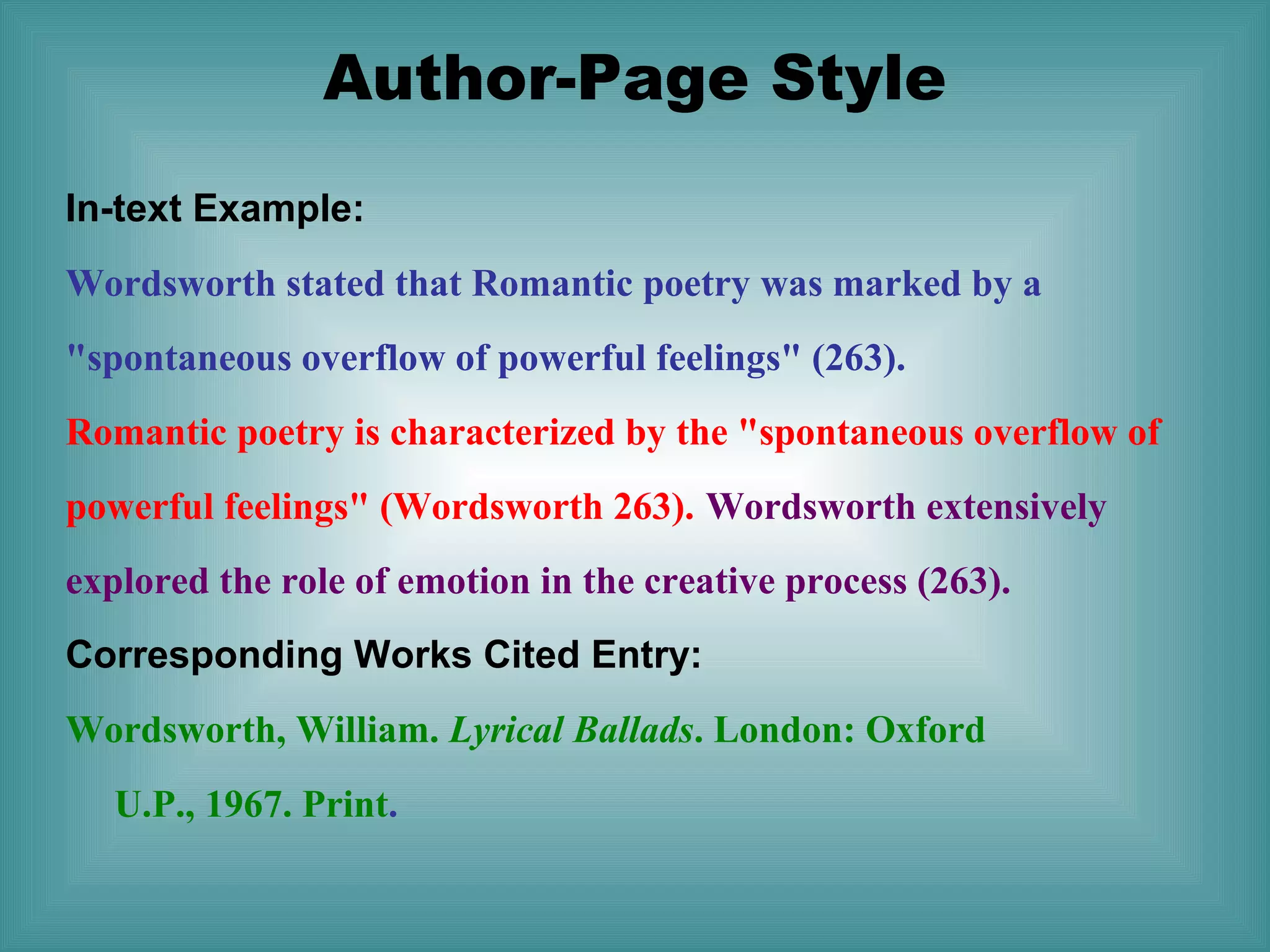 Author-Page Style
In-text Example:
Wordsworth stated that Romantic poetry was marked by a
"spontaneous overflow of powerful feelings" (263).
Romantic poetry is characterized by the "spontaneous overflow of
powerful feelings" (Wordsworth 263). Wordsworth extensively
explored the role of emotion in the creative process (263).
Corresponding Works Cited Entry:
Wordsworth, William. Lyrical Ballads. London: Oxford
U.P., 1967. Print.

 