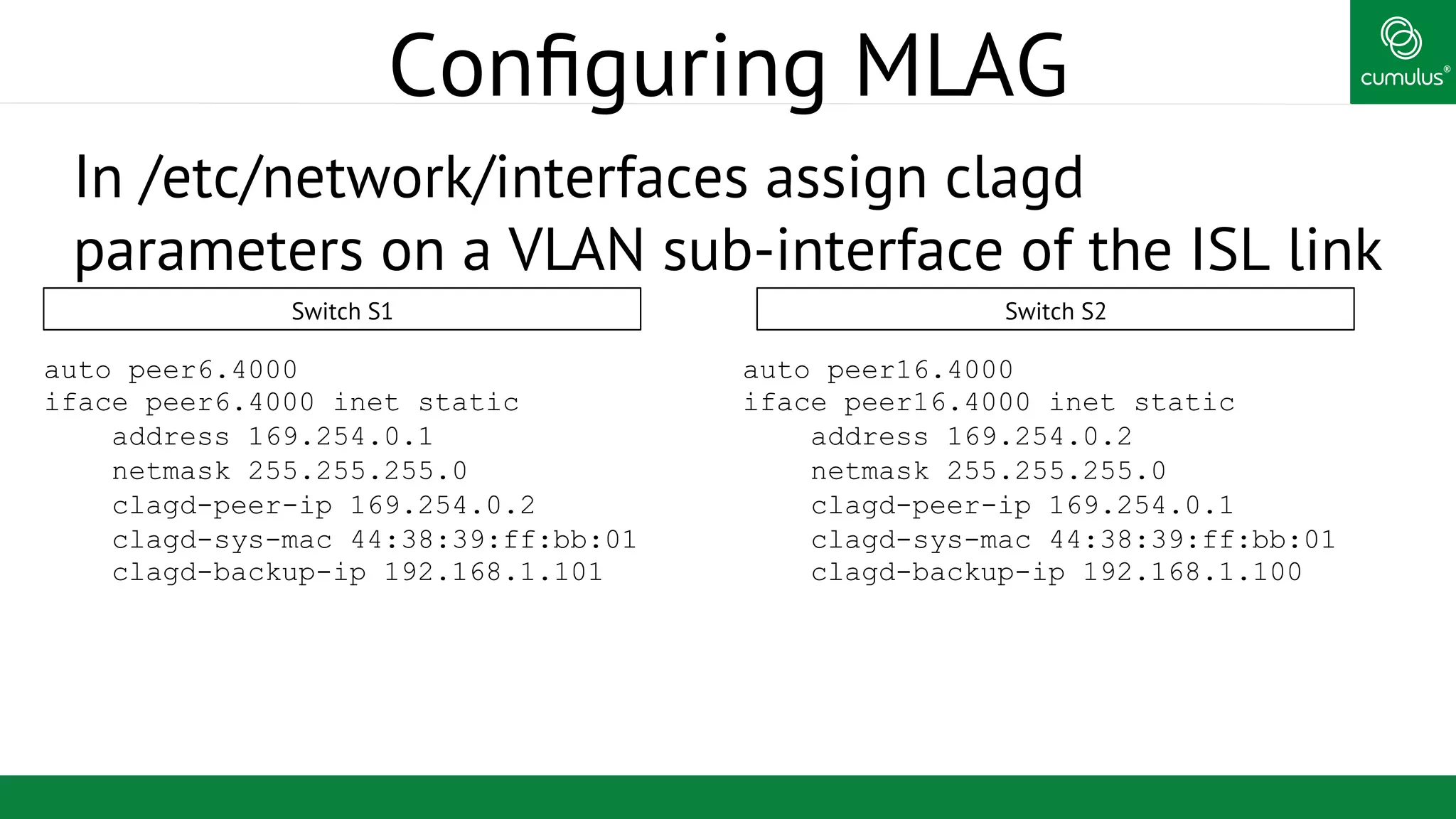 ®
Conﬁguring MLAG
In /etc/network/interfaces assign clagd
parameters on a VLAN sub-interface of the ISL link
auto peer6.4000
iface peer6.4000 inet static
address 169.254.0.1
netmask 255.255.255.0
clagd-peer-ip 169.254.0.2
clagd-sys-mac 44:38:39:ff:bb:01
clagd-backup-ip 192.168.1.101
auto peer16.4000
iface peer16.4000 inet static
address 169.254.0.2
netmask 255.255.255.0
clagd-peer-ip 169.254.0.1
clagd-sys-mac 44:38:39:ff:bb:01
clagd-backup-ip 192.168.1.100
Switch S1 Switch S2
 