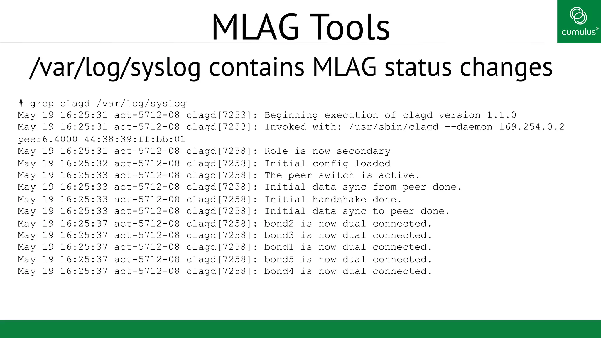 ®
MLAG Tools
/var/log/syslog contains MLAG status changes
# grep clagd /var/log/syslog
May 19 16:25:31 act-5712-08 clagd[7253]: Beginning execution of clagd version 1.1.0
May 19 16:25:31 act-5712-08 clagd[7253]: Invoked with: /usr/sbin/clagd --daemon 169.254.0.2
peer6.4000 44:38:39:ff:bb:01
May 19 16:25:31 act-5712-08 clagd[7258]: Role is now secondary
May 19 16:25:32 act-5712-08 clagd[7258]: Initial config loaded
May 19 16:25:33 act-5712-08 clagd[7258]: The peer switch is active.
May 19 16:25:33 act-5712-08 clagd[7258]: Initial data sync from peer done.
May 19 16:25:33 act-5712-08 clagd[7258]: Initial handshake done.
May 19 16:25:33 act-5712-08 clagd[7258]: Initial data sync to peer done.
May 19 16:25:37 act-5712-08 clagd[7258]: bond2 is now dual connected.
May 19 16:25:37 act-5712-08 clagd[7258]: bond3 is now dual connected.
May 19 16:25:37 act-5712-08 clagd[7258]: bond1 is now dual connected.
May 19 16:25:37 act-5712-08 clagd[7258]: bond5 is now dual connected.
May 19 16:25:37 act-5712-08 clagd[7258]: bond4 is now dual connected.
 
