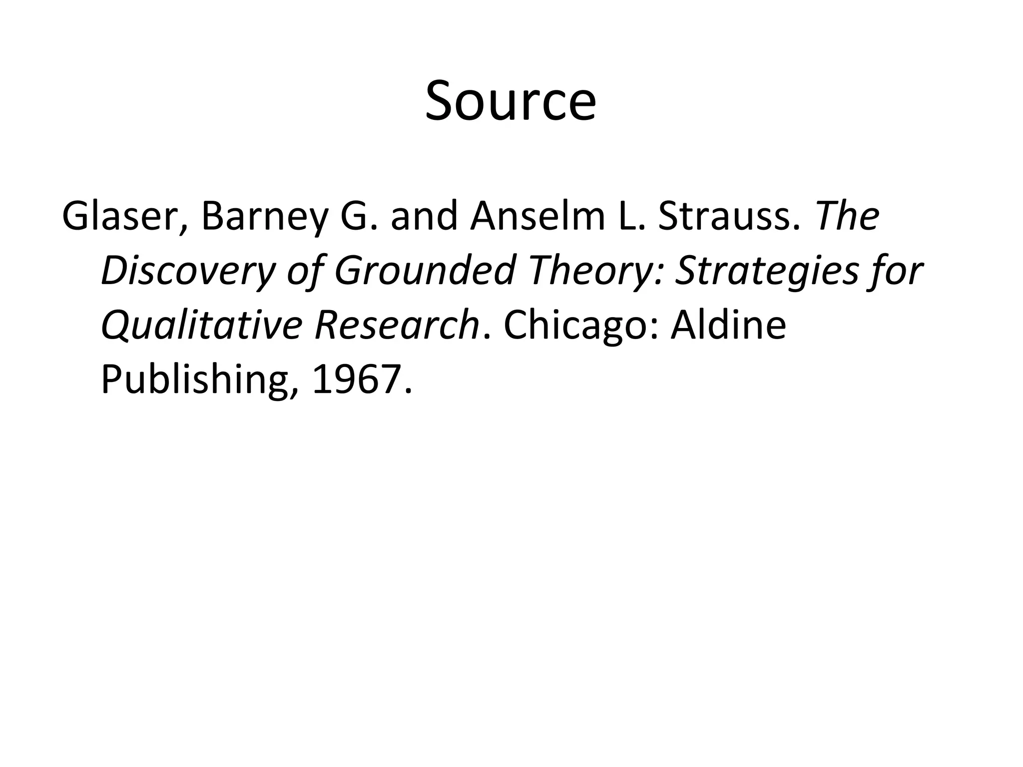 Source
Glaser, Barney G. and Anselm L. Strauss. The
  Discovery of Grounded Theory: Strategies for
  Qualitative Research. Chicago: Aldine
  Publishing, 1967.
 
