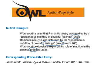 In-text Example:
Corresponding Works Cited Entry:
Author-Page Style
Wordsworth, William. Lyrical Ballads. London: Oxford UP, 1967. Print.
Wordsworth stated that Romantic poetry was marked by a
“spontaneous overflow of powerful feelings” (263).
Romantic poetry is characterized by the “spontaneous
overflow of powerful feelings” (Wordsworth 263).
Wordsworth extensively explored the role of emotion in the
creative process (263).
 