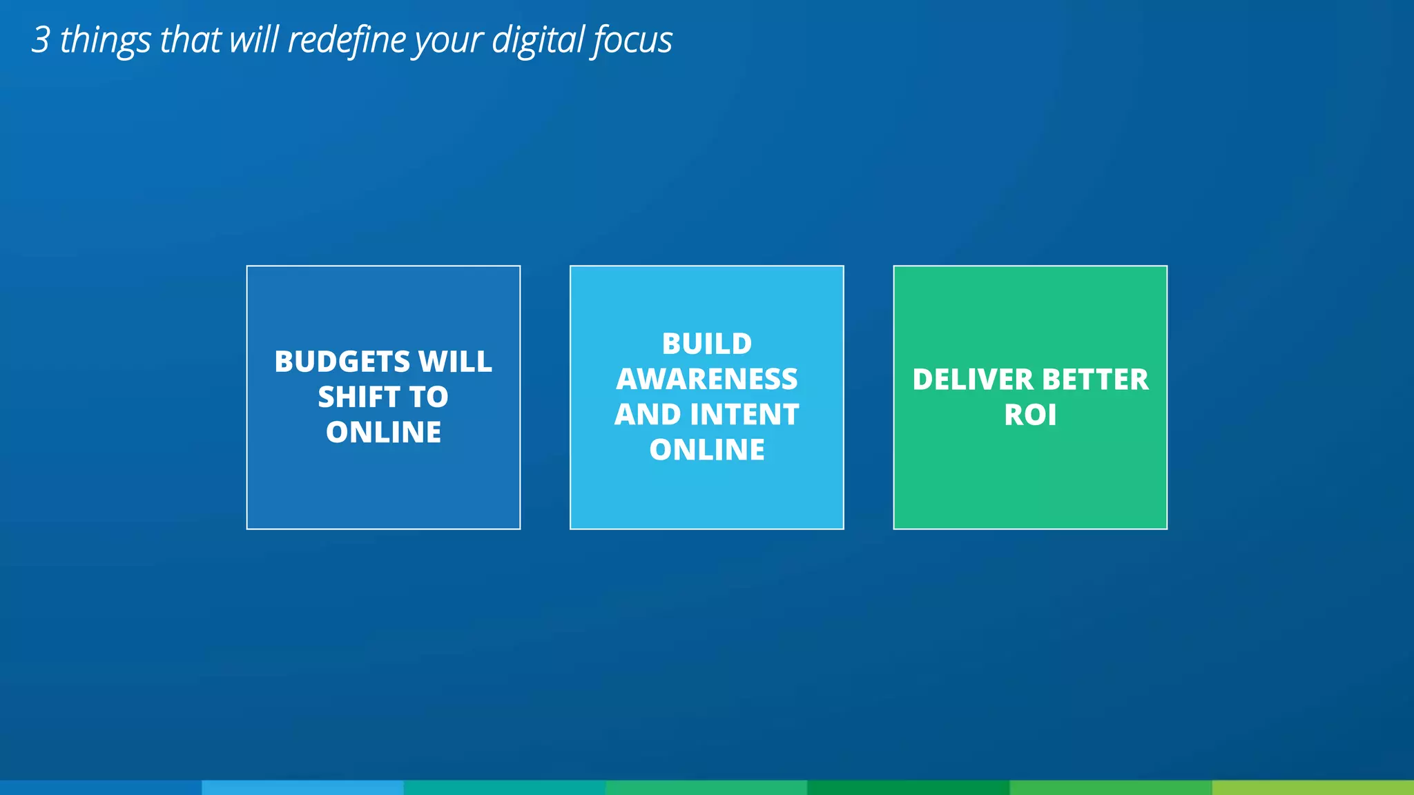 3 things that will redefine your digital focus
BUDGETS WILL
SHIFT TO
ONLINE
BUILD
AWARENESS
AND INTENT
ONLINE
DELIVER BETTER
ROI
 