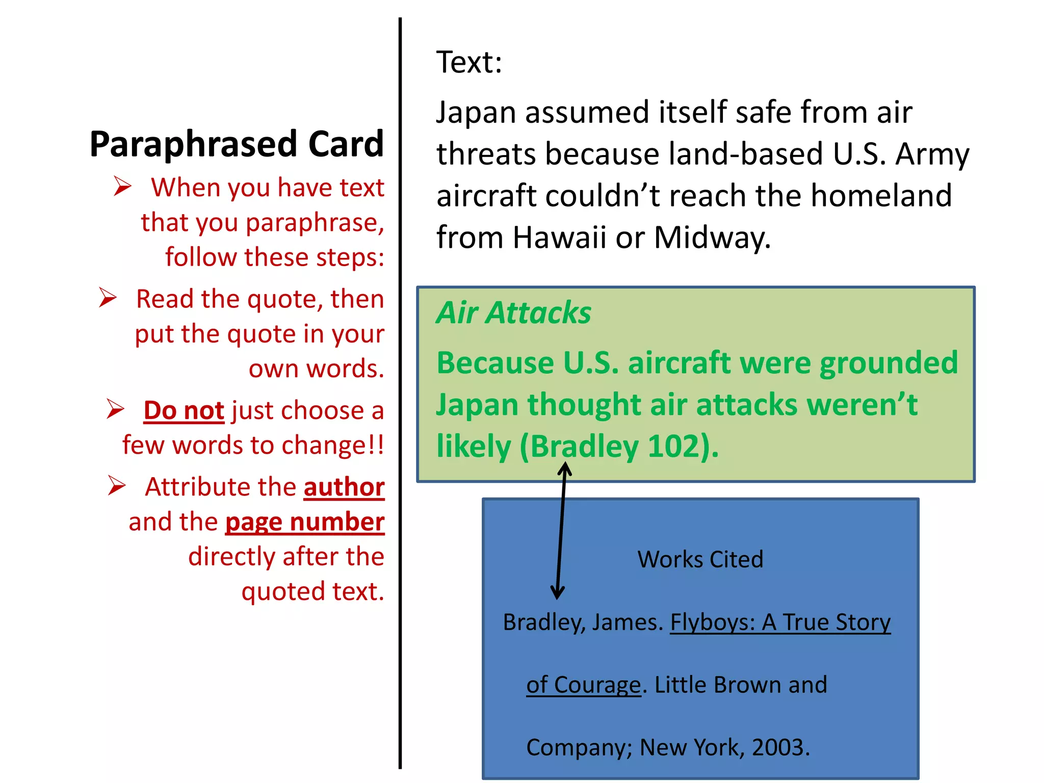 Attribute only the page numberdirectly after the quoted text.Works CitedBradley, James. Flyboys: A True Story of Courage. Little Brown and    Company; New York, 2003. 
