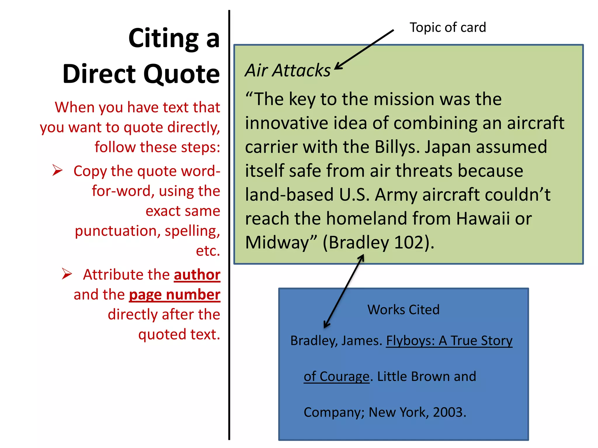 Citing a Direct QuoteAir Attacks“The key to the mission was the innovative idea of combining an aircraft carrier with the Billys. Japan assumed itself safe from air threats because land-based U.S. Army aircraft couldn’t reach the homeland from Hawaii or Midway” (Bradley 102).When you have text that you want to quote directly, follow these steps: Copy the quote word-for-word, using the exact same punctuation, spelling, etc. 