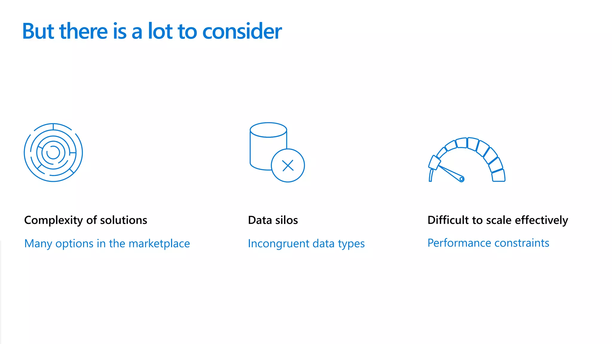 © Microsoft Corporation
And most aren’t satisfied with their current solutions
“What it Takes to be Data-Driven: Technologies and Best Practices for Becoming a Smarter Organization”, TDWI, 2017.
Are satisfied with ease of
use of analytics software46% 21%
Are satisfied with access to semi-
structured and unstructured data 28%
Are satisfied with ability to scale
to handle unexpected
requirements
But there is a lot to consider
Complexity of solutions
Many options in the marketplace
Data silos
Incongruent data types
Difficult to scale effectively
Performance constraints
 