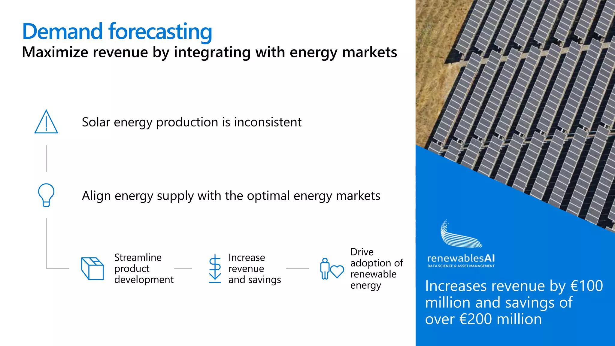 Demand forecasting
Maximize revenue by integrating with energy markets
Increases revenue by €100
million and savings of
over €200 million
Solar energy production is inconsistent
Align energy supply with the optimal energy markets
Streamline
product
development
Increase
revenue
and savings
Drive
adoption of
renewable
energy
 