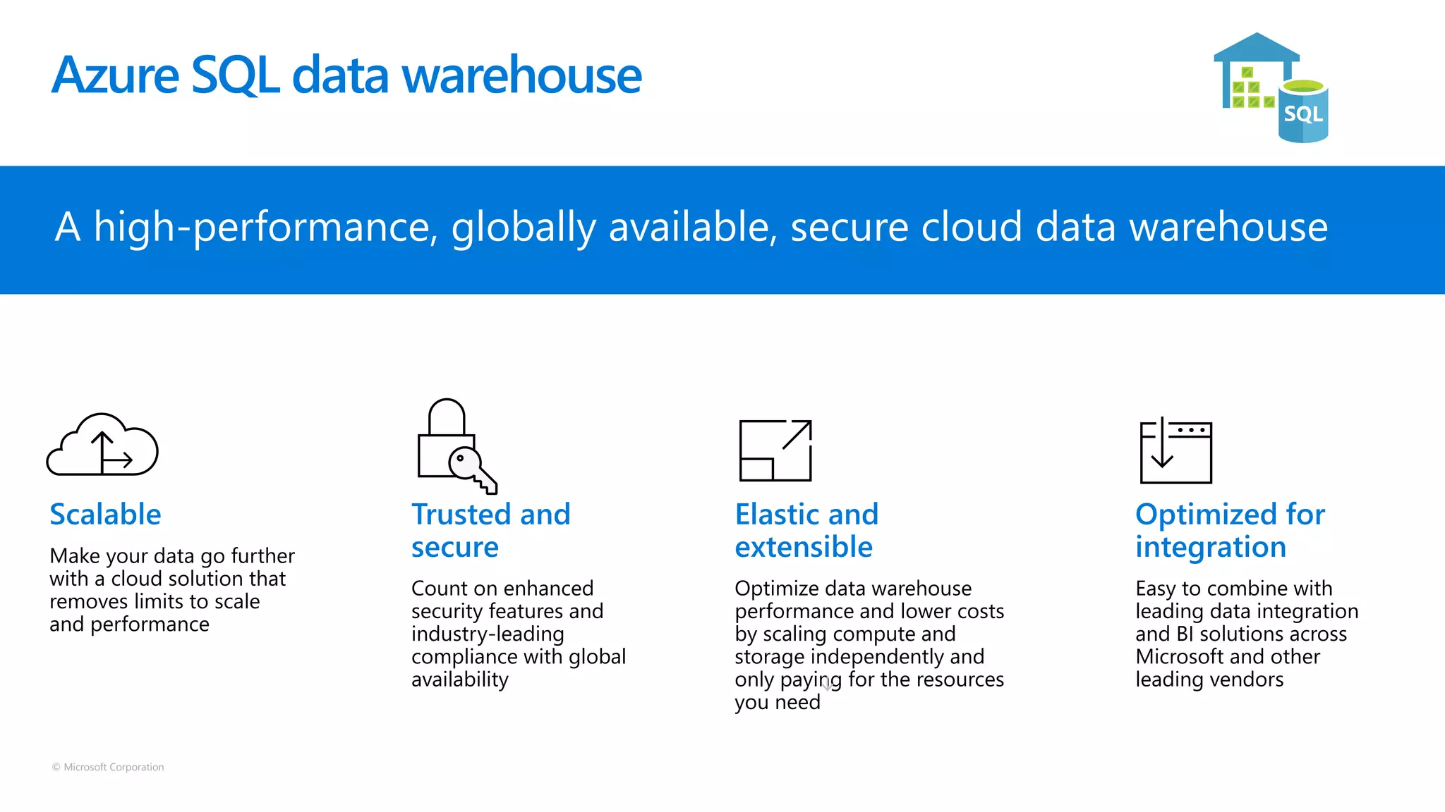 © Microsoft Corporation
Azure SQL data warehouse
A high-performance, globally available, secure cloud data warehouse
Make your data go further
with a cloud solution that
removes limits to scale
and performance
Count on enhanced
security features and
industry-leading
compliance with global
availability
Optimize data warehouse
performance and lower costs
by scaling compute and
storage independently and
only paying for the resources
you need
Easy to combine with
leading data integration
and BI solutions across
Microsoft and other
leading vendors
 