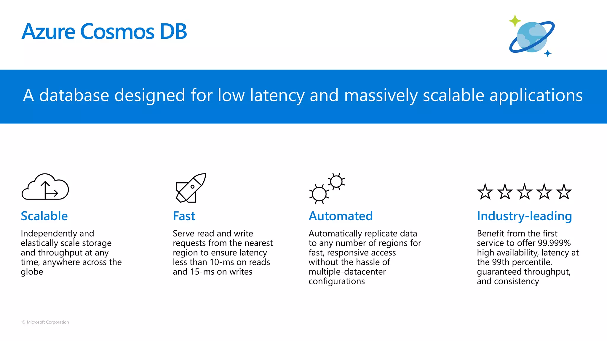 © Microsoft Corporation
Azure Cosmos DB
A database designed for low latency and massively scalable applications
Independently and
elastically scale storage
and throughput at any
time, anywhere across the
globe
Serve read and write
requests from the nearest
region to ensure latency
less than 10-ms on reads
and 15-ms on writes
Automatically replicate data
to any number of regions for
fast, responsive access
without the hassle of
multiple-datacenter
configurations
Benefit from the first
service to offer 99.999%
high availability, latency at
the 99th percentile,
guaranteed throughput,
and consistency
 