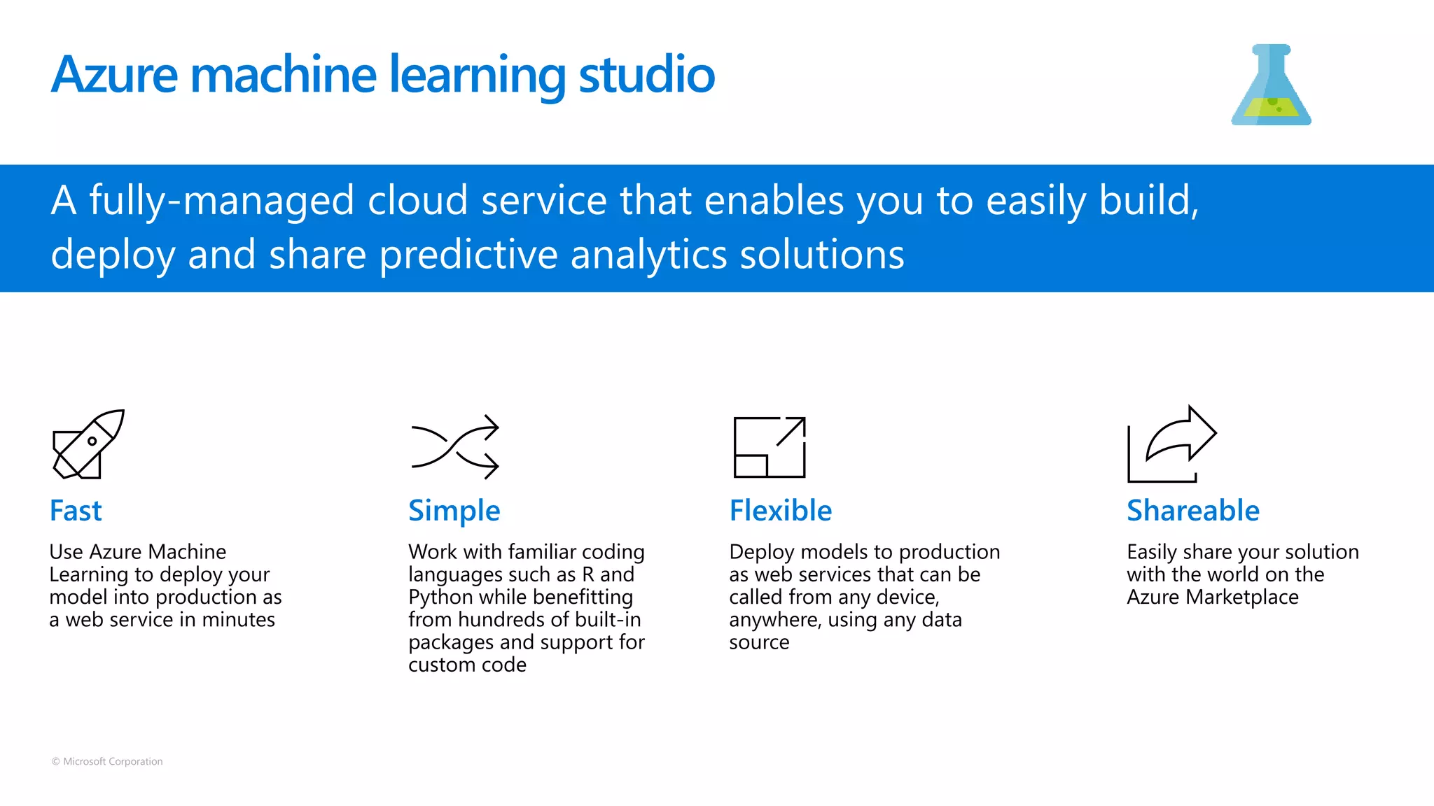 © Microsoft Corporation
Azure machine learning studio
Use Azure Machine
Learning to deploy your
model into production as
a web service in minutes
Work with familiar coding
languages such as R and
Python while benefitting
from hundreds of built-in
packages and support for
custom code
Deploy models to production
as web services that can be
called from any device,
anywhere, using any data
source
Easily share your solution
with the world on the
Azure Marketplace
A fully-managed cloud service that enables you to easily build,
deploy and share predictive analytics solutions
 