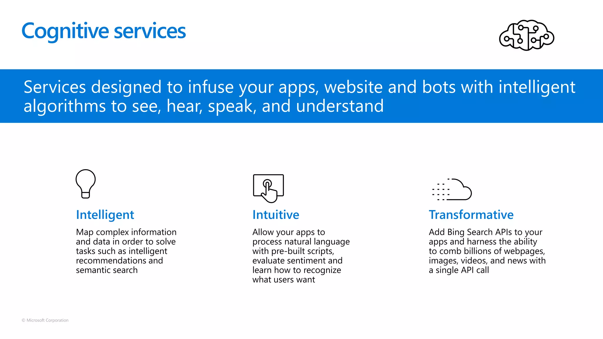 © Microsoft Corporation
Cognitive services
Map complex information
and data in order to solve
tasks such as intelligent
recommendations and
semantic search
Allow your apps to
process natural language
with pre-built scripts,
evaluate sentiment and
learn how to recognize
what users want
Add Bing Search APIs to your
apps and harness the ability
to comb billions of webpages,
images, videos, and news with
a single API call
Services designed to infuse your apps, website and bots with intelligent
algorithms to see, hear, speak, and understand
 