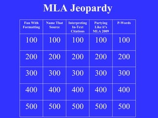 MLA Jeopardy Fun With Formatting Name That Source Interpreting In-Text Citations Partying Like it’s MLA 2009 P-Words 100 100 100 100 100 200 200 200 200 200 300 300 300 300 300 400 400 400 400 400 500 500 500 500 500 