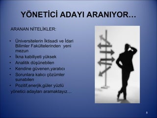 YÖNETİCİ ADAYI ARANIYOR… ARANAN NİTELİKLER: Üniversitelerin İktisadi ve İdari Bilimler Fakültelerinden  yeni mezun İkna kabiliyeti yüksek Analitik düşünebilen Kendine güvenen,yaratıcı Sorunlara kalıcı çözümler sunabilen Pozitif,enerjik,güler yüzlü  yönetici adayları aramaktayız… 