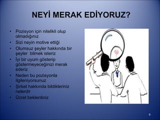 NEYİ MERAK EDİYORUZ? Pozisyon için nitelikli olup olmadığınız Sizi neyin motive ettiği  Olumsuz şeyler hakkında bir şeyler  bilmek isteriz İyi bir uyum gösterip göstermeyeceğinizi merak ederiz Neden bu pozisyonla ilgileniyorsunuz Şirket hakkında bildikleriniz nelerdir Ücret beklentiniz 