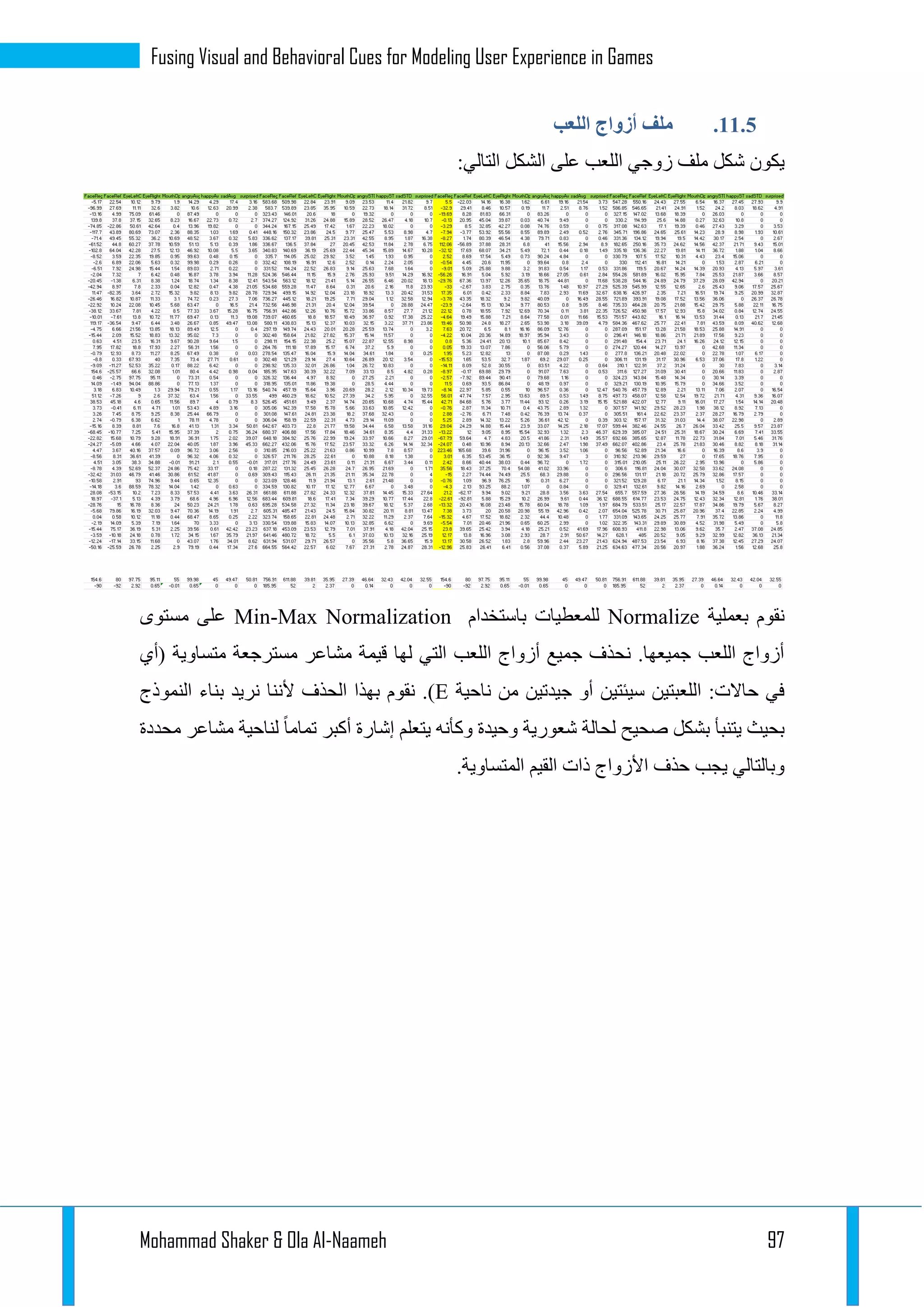 Mohammad Shaker & Ola Al-Naameh 97
Fusing Visual and Behavioral Cues for Modeling User Experience in Games
11.3.‫اللعب‬ ‫أزواج‬ ‫ملف‬
‫ملف‬ ‫شكل‬ ‫يكون‬:‫التالي‬ ‫الشكل‬ ‫على‬ ‫اللعب‬ ‫زوجي‬
‫بعملية‬ ‫نقوم‬Normalize‫باستخدام‬ ‫للمعطيات‬Min-Max Normalization‫مستوى‬ ‫على‬
‫(أي‬ ‫متساوية‬ ‫مسترجعة‬ ‫مشاعر‬ ‫قيمة‬ ‫لها‬ ‫التي‬ ‫اللعب‬ ‫أزواج‬ ‫جميع‬ ‫نحذف‬ .‫جميعها‬ ‫اللعب‬ ‫أزواج‬
‫ناحية‬ ‫من‬ ‫جيدتين‬ ‫أو‬ ‫سيئتين‬ ‫اللعبتين‬ :‫حاالت‬ ‫في‬E‫ألن‬ ‫الحذف‬ ‫بهذا‬ ‫نقوم‬ .)‫النموذج‬ ‫بناء‬ ‫نريد‬ ‫نا‬
‫محددة‬ ‫مشاعر‬ ‫لناحية‬ ‫تماما‬ ‫أكبر‬ ‫إشارة‬ ‫يتعلم‬ ‫وكأنه‬ ‫وحيدة‬ ‫شعورية‬ ‫لحالة‬ ‫صحيح‬ ‫بشكل‬ ‫يتنبأ‬ ‫بحيث‬
.‫المتساوية‬ ‫القيم‬ ‫ذات‬ ‫األزواج‬ ‫حذف‬ ‫يجب‬ ‫وبالتالي‬
 