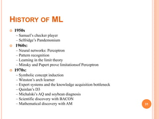 HISTORY OF ML
 1950s
– Samuel’s checker player
– Selfridge’s Pandemonium
 1960s:
– Neural networks: Perceptron
– Pattern recognition
– Learning in the limit theory
– Minsky and Papert prove limitationsof Perceptron
 1970s:
– Symbolic concept induction
– Winston’s arch learner
– Expert systems and the knowledge acquisition bottleneck
– Quinlan’s D3
– Michalski’s AQ and soybean diagnosis
– Scientific discovery with BACON
– Mathematical discovery with AM 31
 
