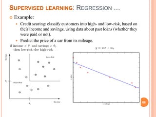 SUPERVISED LEARNING: REGRESSION …
 Example:
 Credit scoring: classify customers into high- and low-risk, based on
their income and savings, using data about past loans (whether they
were paid or not).
 Predict the price of a car from its mileage.
68
 