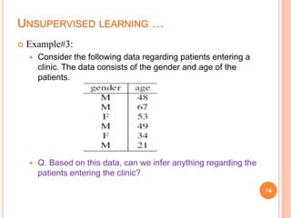 UNSUPERVISED LEARNING …
 Example#3:
 Consider the following data regarding patients entering a
clinic. The data consists of the gender and age of the
patients.
 Q. Based on this data, can we infer anything regarding the
patients entering the clinic?
74
 