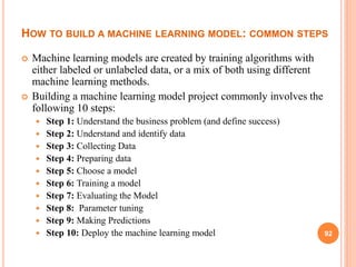 HOW TO BUILD A MACHINE LEARNING MODEL: COMMON STEPS
 Machine learning models are created by training algorithms with
either labeled or unlabeled data, or a mix of both using different
machine learning methods.
 Building a machine learning model project commonly involves the
following 10 steps:
 Step 1: Understand the business problem (and define success)
 Step 2: Understand and identify data
 Step 3: Collecting Data
 Step 4: Preparing data
 Step 5: Choose a model
 Step 6: Training a model
 Step 7: Evaluating the Model
 Step 8: Parameter tuning
 Step 9: Making Predictions
 Step 10: Deploy the machine learning model 92
 