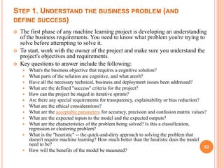 STEP 1. UNDERSTAND THE BUSINESS PROBLEM (AND
DEFINE SUCCESS)
 The first phase of any machine learning project is developing an understanding
of the business requirements. You need to know what problem you're trying to
solve before attempting to solve it.
 To start, work with the owner of the project and make sure you understand the
project's objectives and requirements.
 Key questions to answer include the following:
 What's the business objective that requires a cognitive solution?
 What parts of the solution are cognitive, and what aren't?
 Have all the necessary technical, business and deployment issues been addressed?
 What are the defined "success" criteria for the project?
 How can the project be staged in iterative sprints?
 Are there any special requirements for transparency, explainability or bias reduction?
 What are the ethical considerations?
 What are the acceptable parameters for accuracy, precision and confusion matrix values?
 What are the expected inputs to the model and the expected outputs?
 What are the characteristics of the problem being solved? Is this a classification,
regression or clustering problem?
 What is the "heuristic" -- the quick-and-dirty approach to solving the problem that
doesn't require machine learning? How much better than the heuristic does the model
need to be?
 How will the benefits of the model be measured?
93
 
