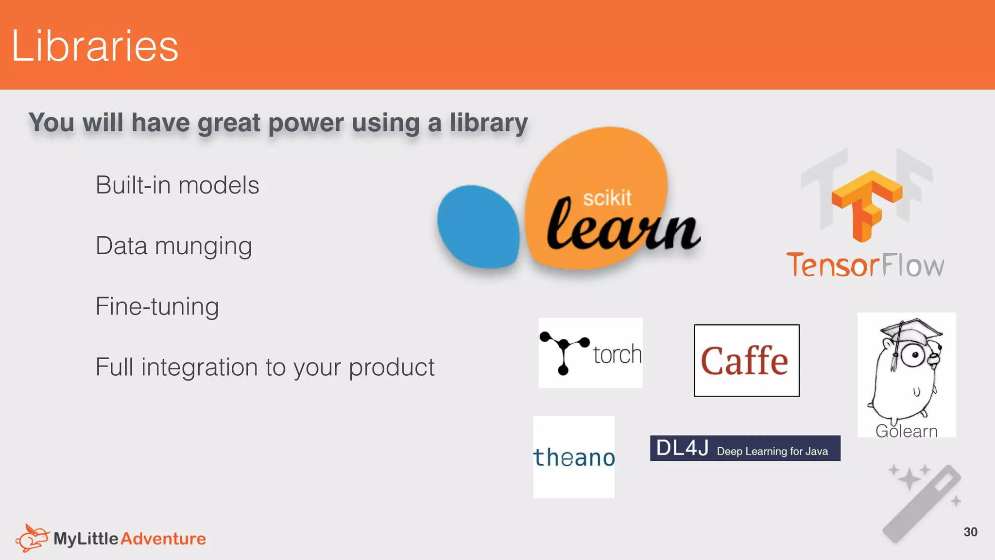 Libraries
Built-in models
Data munging
Fine-tuning
Full integration to your product
30!
You will have great power using a library
Golearn
 