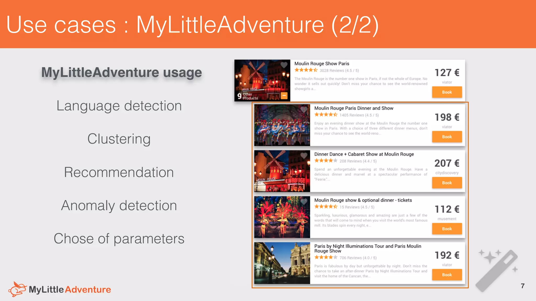 Use cases : MyLittleAdventure (2/2)
7
Language detection
Clustering
Anomaly detection
Recommendation
Chose of parameters
MyLittleAdventure usage
!
 