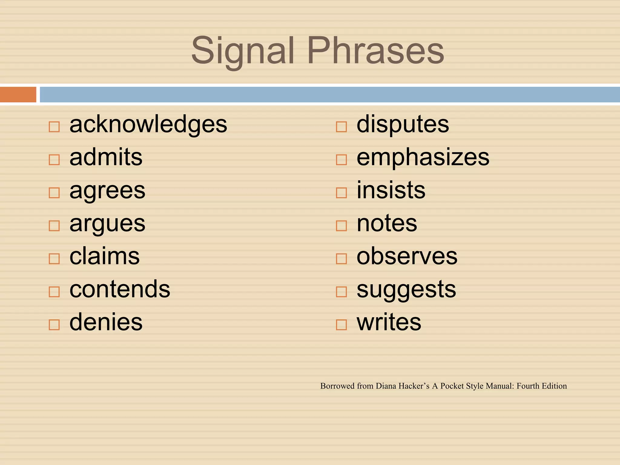 Signal Phrases
   acknowledges            disputes
   admits                  emphasizes
   agrees                  insists
   argues                  notes
   claims                  observes
   contends                suggests
   denies                  writes

                    Borrowed from Diana Hacker’s A Pocket Style Manual: Fourth Edition
 