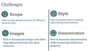 Challenges
Scope
Images
Style
Dissemination
How to scope generic curricula for different
levels of users
How to translate diverse teaching
styles into general materials
How to maximize dissemination
while protecting intellectual
property
How to incorporate images and other
copyrighted materials into open
resources
 