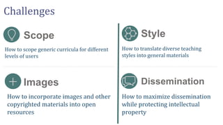 Challenges
Scope
Images
Style
Dissemination
How to scope generic curricula for different
levels of users
How to translate ...