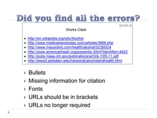    Bullets
   Missing information for citation
   Fonts
   URLs should be in brackets
   URLs no longer required
 