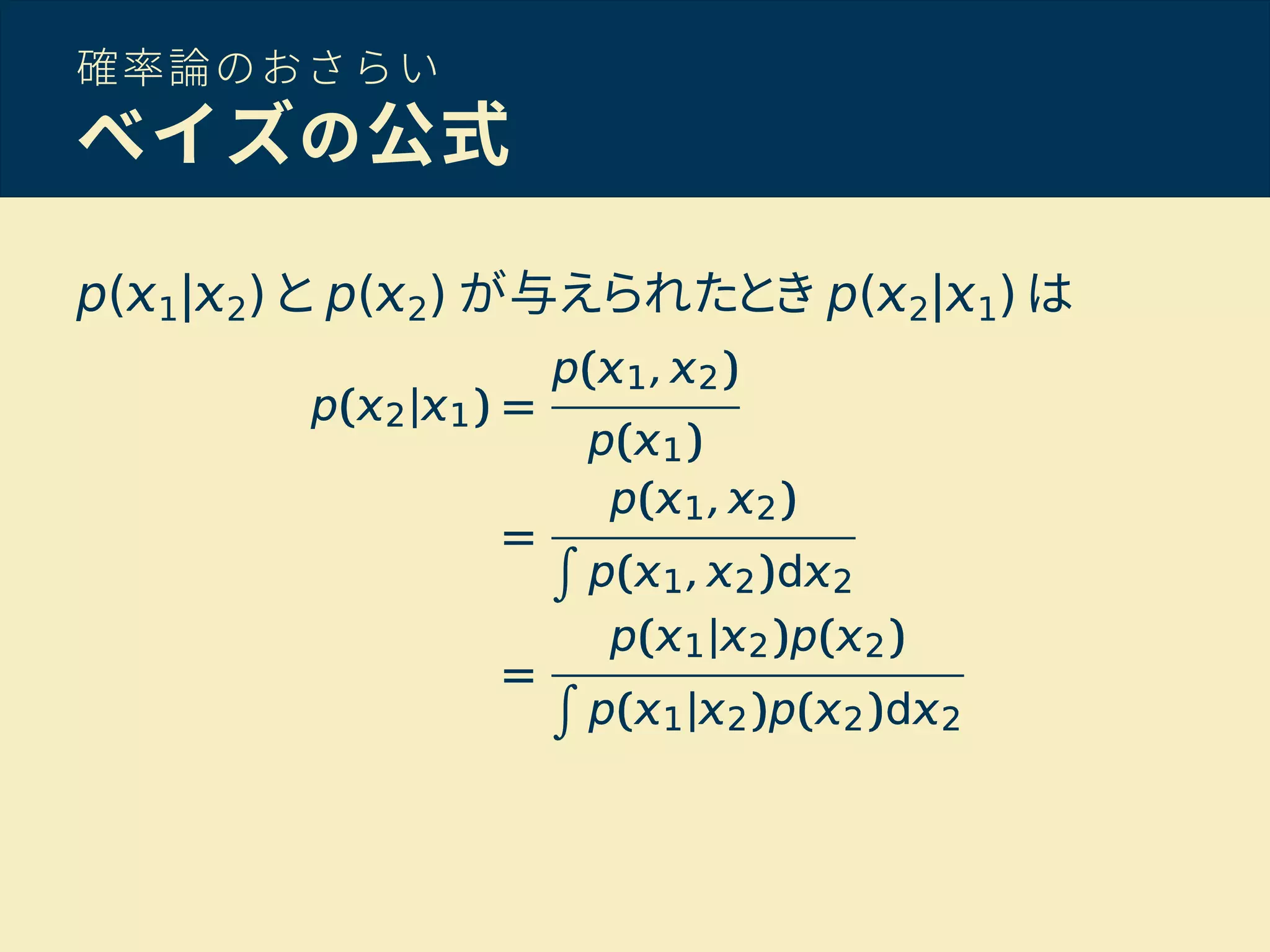 確率論のおさらい
ベイズの公式
p( 1| 2) と p( 2) が与えられたとき p( 2| 1) は
 