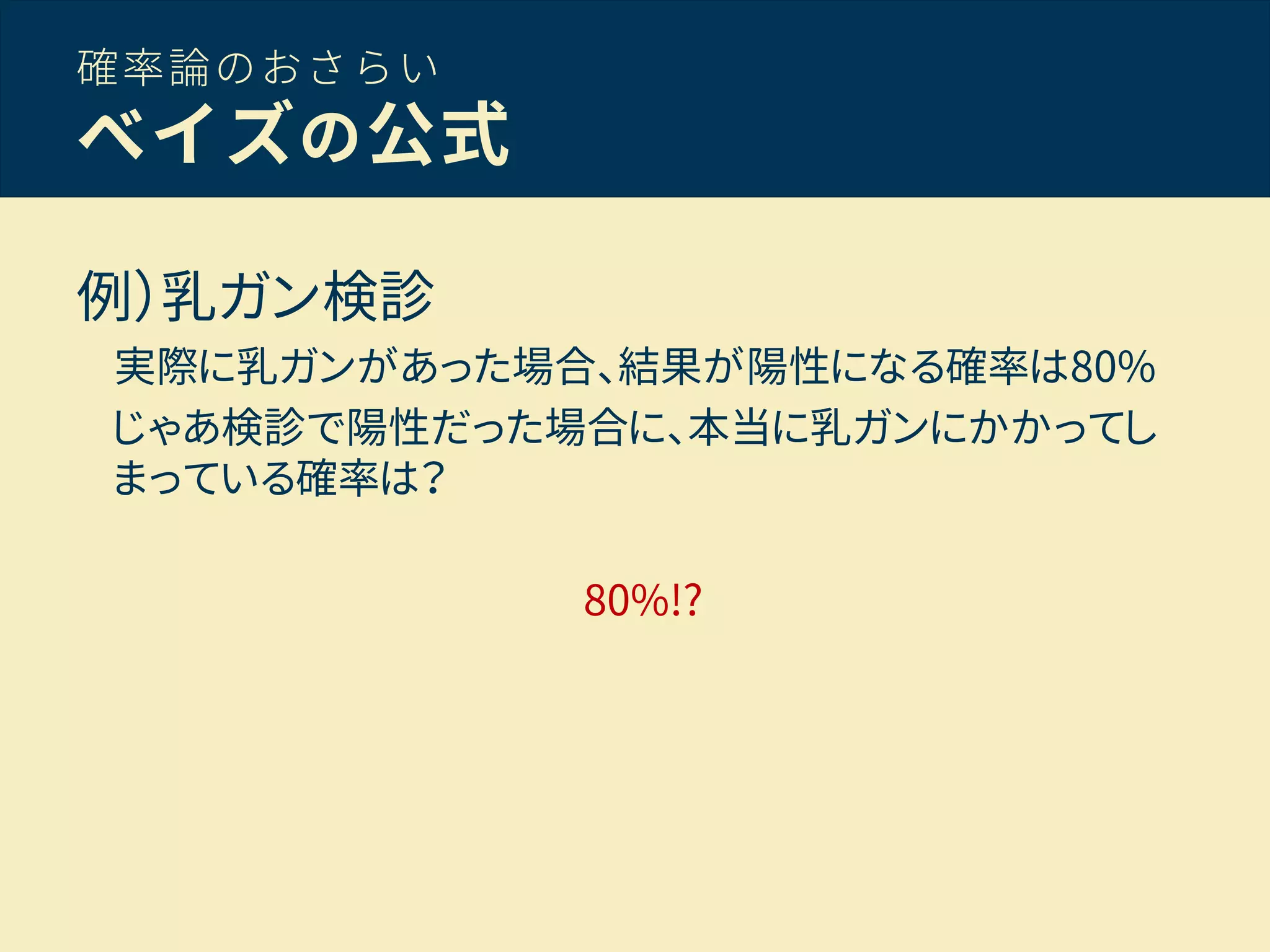 確率論のおさらい
ベイズの公式
例）乳ガン検診
実際に乳ガンがあった場合、結果が陽性になる確率は80%
じゃあ検診で陽性だった場合に、本当に乳ガンにかかってし
まっている確率は？
80%!?
 