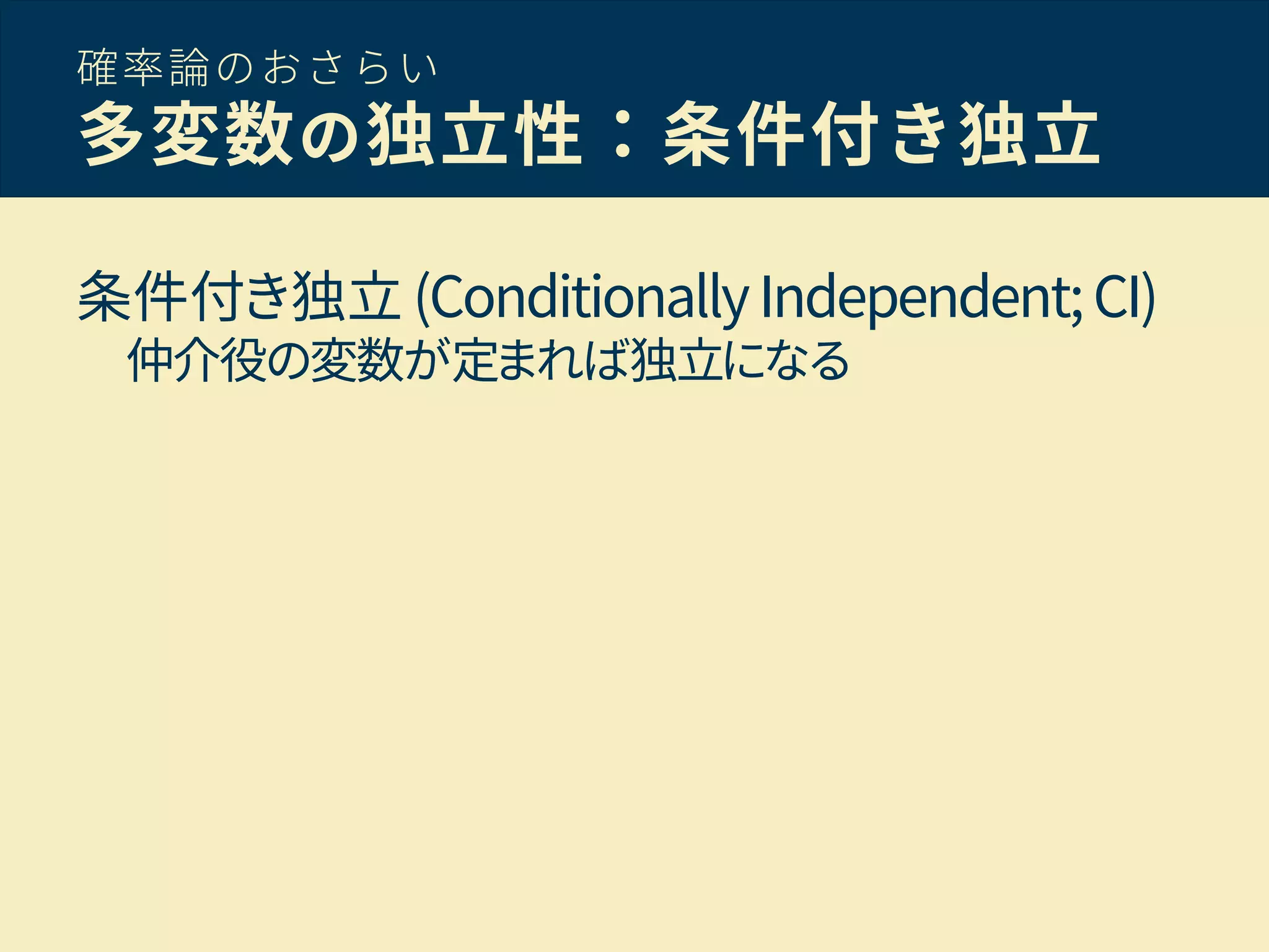 確率論のおさらい
多変数の独立性：条件付き独立
条件付き独立 (ConditionallyIndependent;CI)
仲介役の変数が定まれば独立になる
 