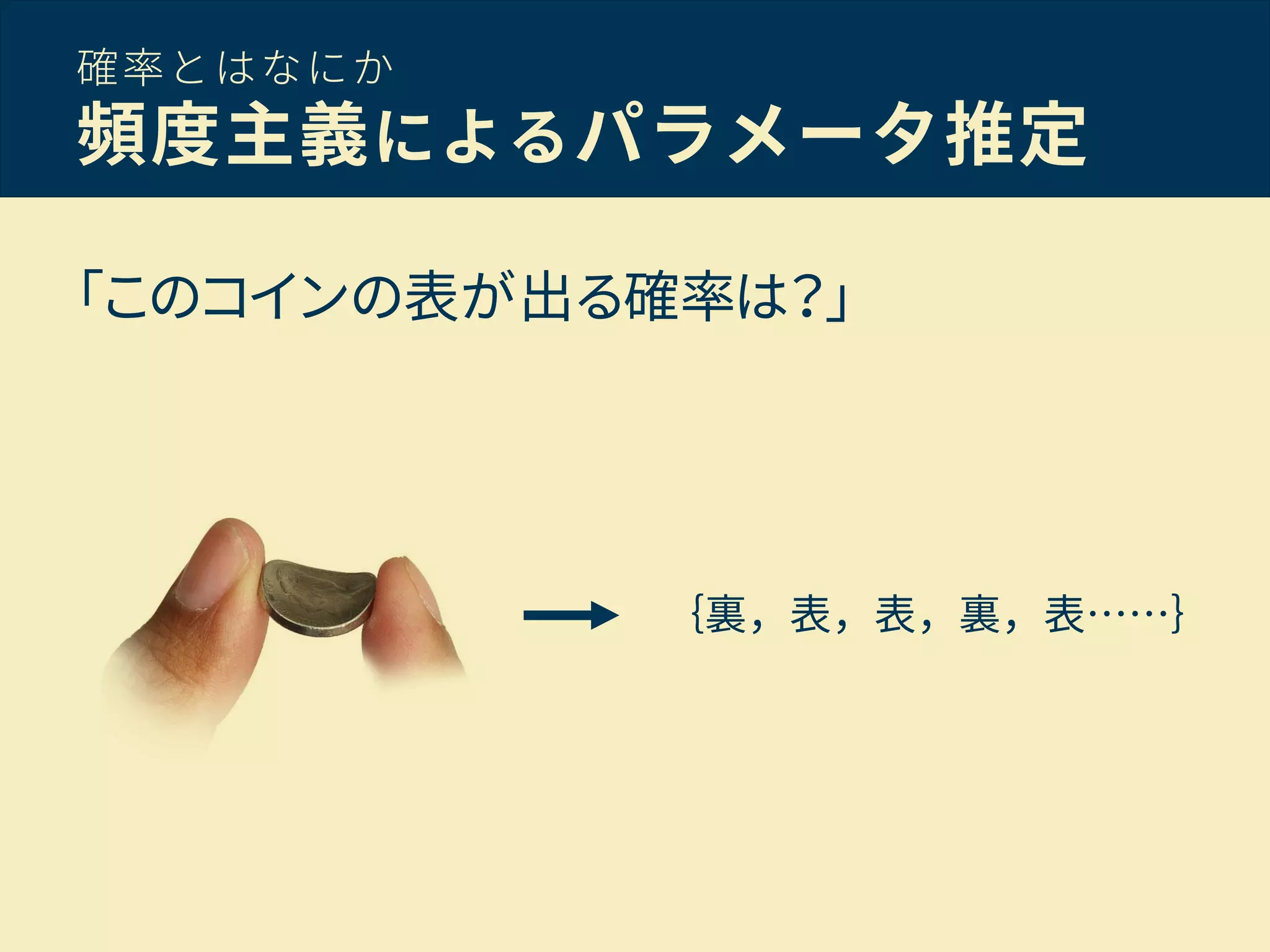 確率とはなにか
頻度主義によるパラメータ推定
「このコインの表が出る確率は？」
｛裏，表，表，裏，表……｝
 