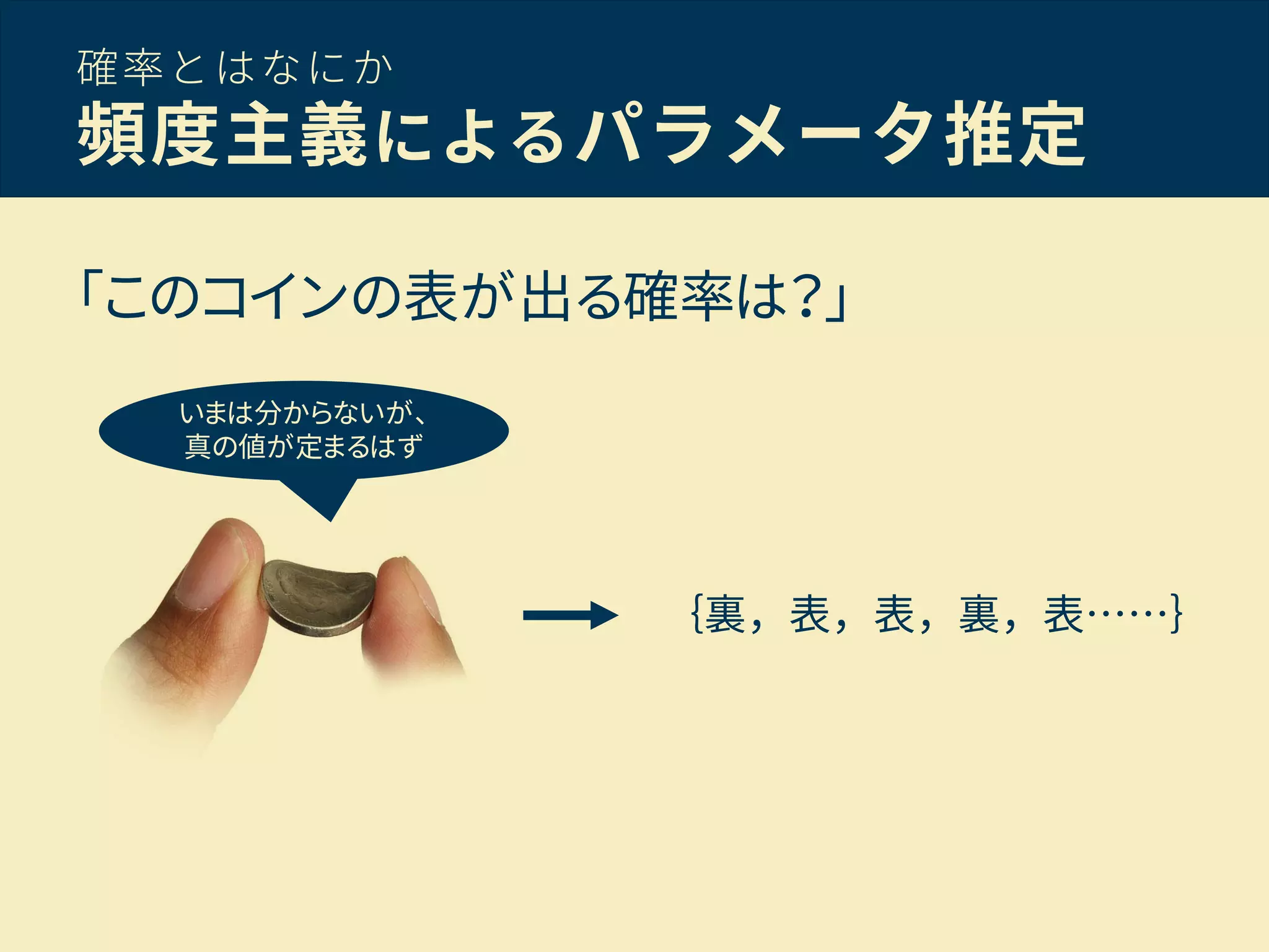 確率とはなにか
頻度主義によるパラメータ推定
「このコインの表が出る確率は？」
｛裏，表，表，裏，表……｝
いまは分からないが、
真の値が定まるはず
 