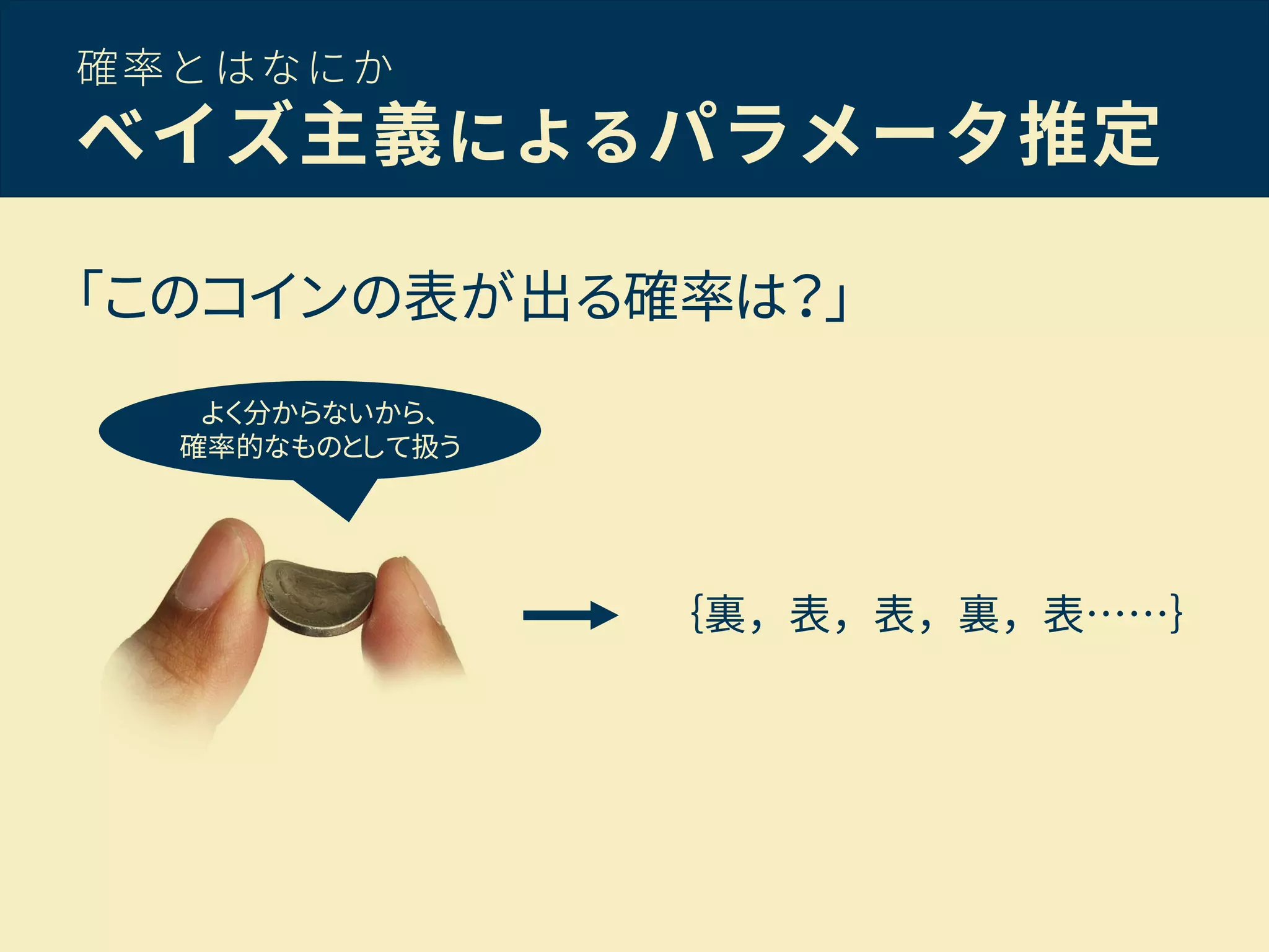 確率とはなにか
ベイズ主義によるパラメータ推定
「このコインの表が出る確率は？」
｛裏，表，表，裏，表……｝
よく分からないから、
確率的なものとして扱う
 