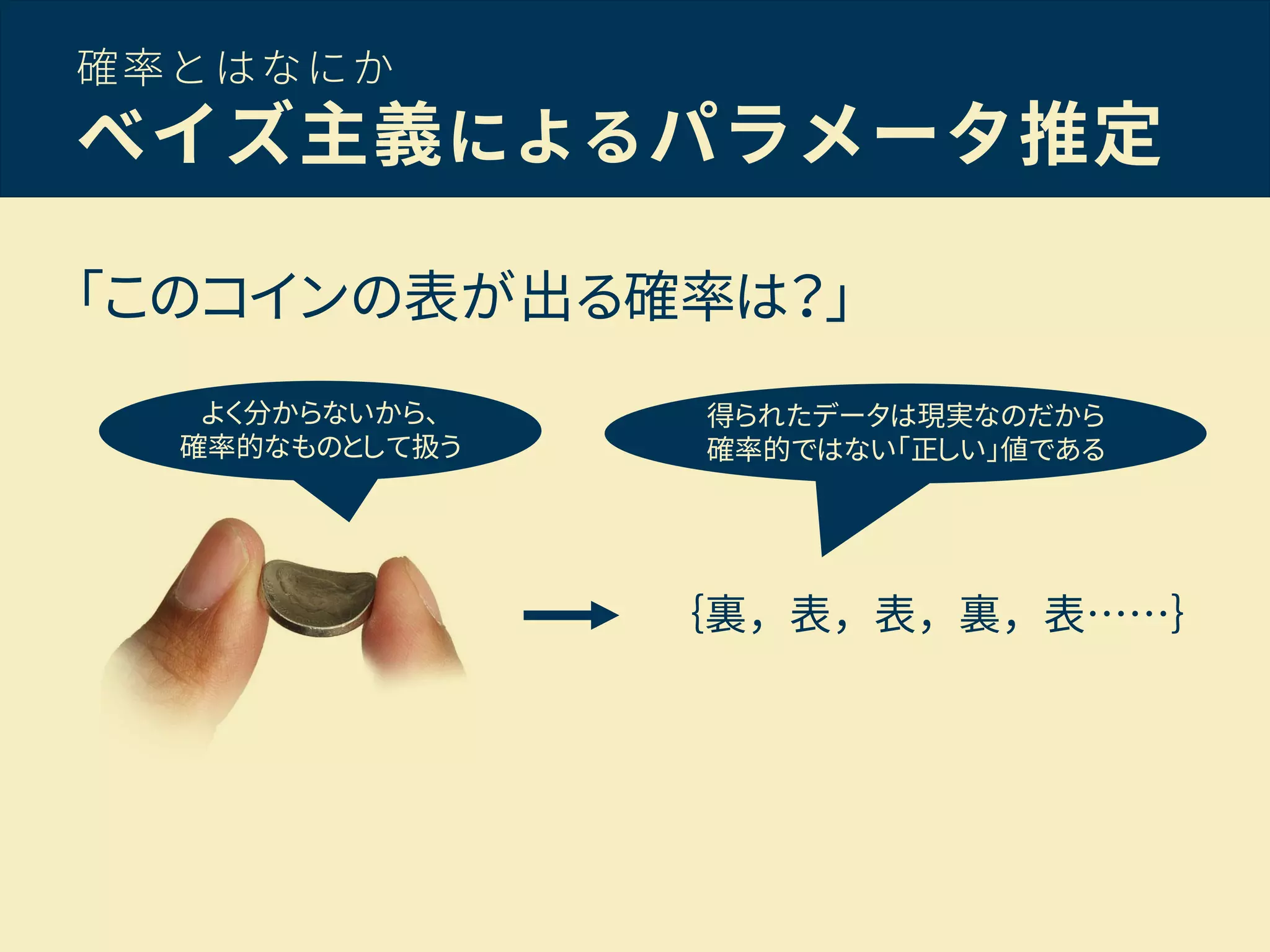 確率とはなにか
ベイズ主義によるパラメータ推定
「このコインの表が出る確率は？」
｛裏，表，表，裏，表……｝
よく分からないから、
確率的なものとして扱う
得られたデータは現実なのだから
確率的ではない「正しい」値である
 