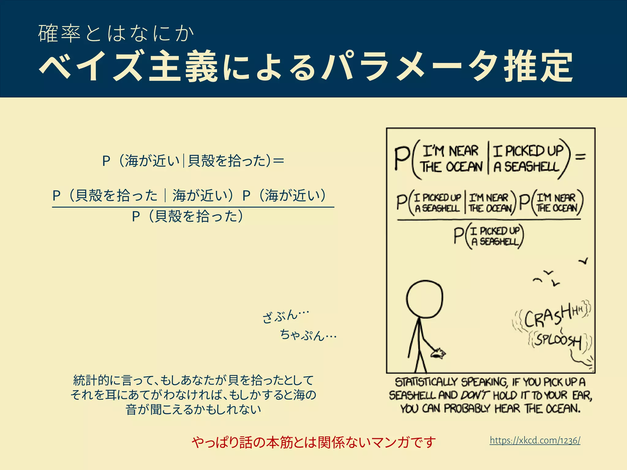 確率とはなにか
ベイズ主義によるパラメータ推定
P（海が近い｜貝殻を拾った）＝
P（貝殻を拾った｜海が近い）P（海が近い）
P（貝殻を拾った）
https://xkcd.com/1236/
統計的に言って、もしあなたが貝を拾ったとして
それを耳にあてがわなければ、もしかすると海の
音が聞こえるかもしれない
やっぱり話の本筋とは関係ないマンガです
 