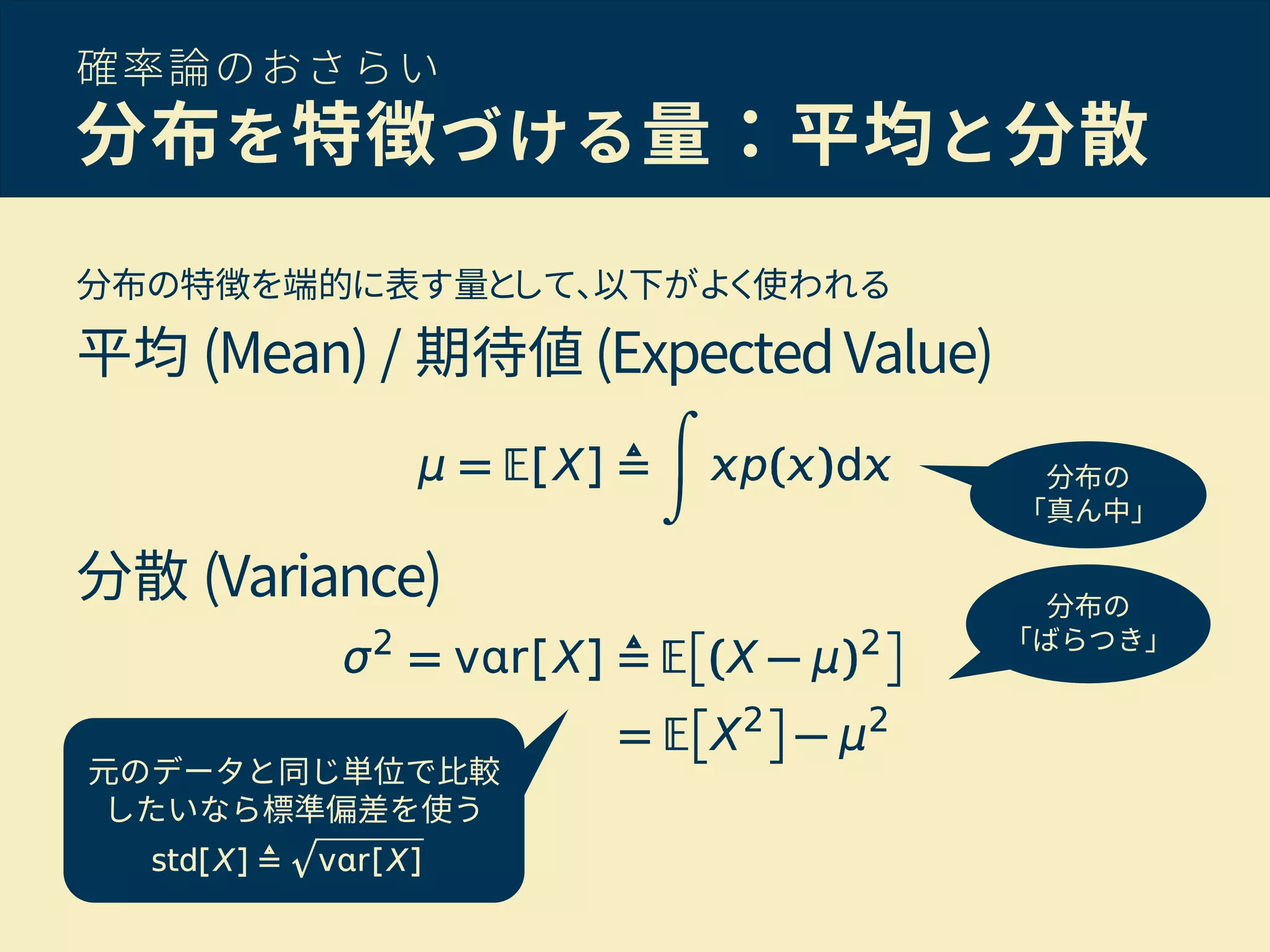 確率論のおさらい
分布を特徴づける量：平均と分散
分布の特徴を端的に表す量として、以下がよく使われる
平均 (Mean) / 期待値 (ExpectedValue)
分散 (Variance)
元のデータと同じ単位で比較
したいなら標準偏差を使う
分布の
「真ん中」
分布の
「ばらつき」
 